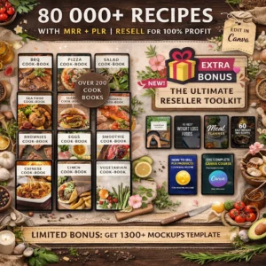80,000+ recipes mega collection with 200+ cookbooks PLR MRR — rebrand and resell digital recipe ebooks