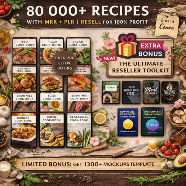 80,000+ recipes mega collection with 200+ cookbooks PLR MRR — rebrand and resell digital recipe ebooks