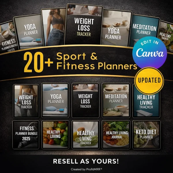 20+ fitness planners PLR MRR bundle — Canva editable with full resell rights Gallery1: Fitness planners included — yoga, nutrition, weight loss, fitness tracker and food diary