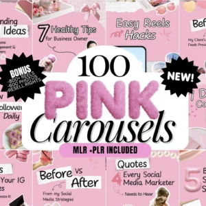 100 pink Instagram carousel templates Canva PLR — aesthetic social media post designs