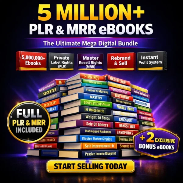 5 million PLR MRR eBooks mega bundle — digital download with full resell rights Gallery1: PLR MRR eBooks mega bundle categories — business, marketing, finance, health and self-help