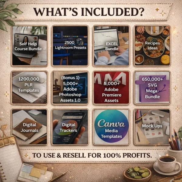 PLR MRR bundle includes logo templates, SVG designs, music tracks, mockups, and business courses